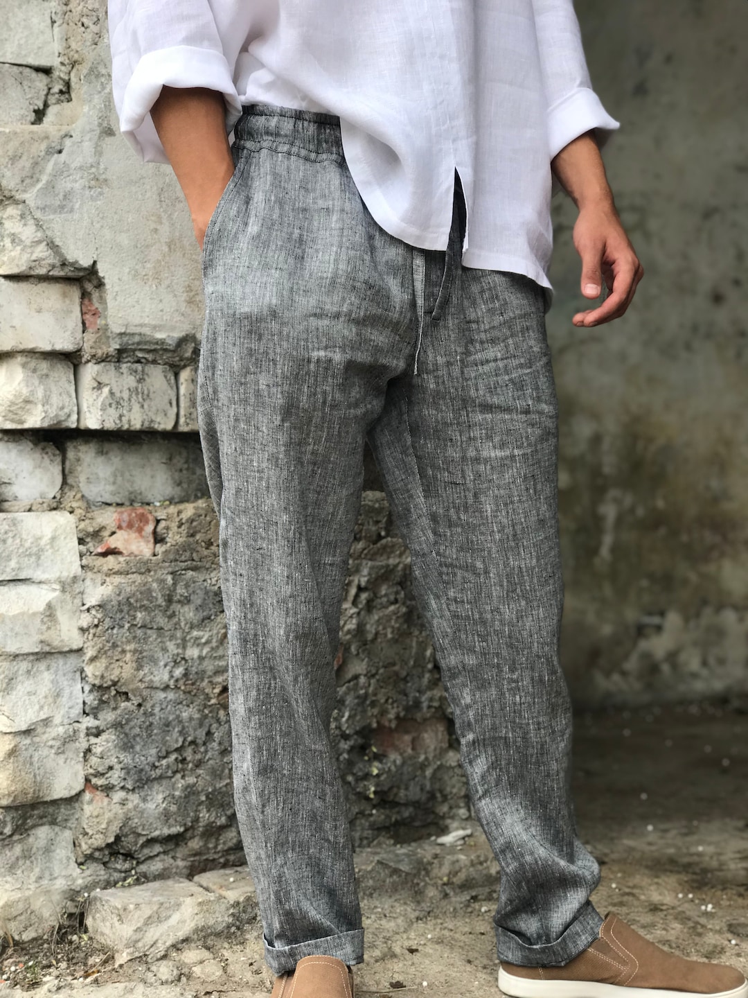 【MODERNIF】River banding linen slacks Modern Flood - Linen Pants With Elastic Waist