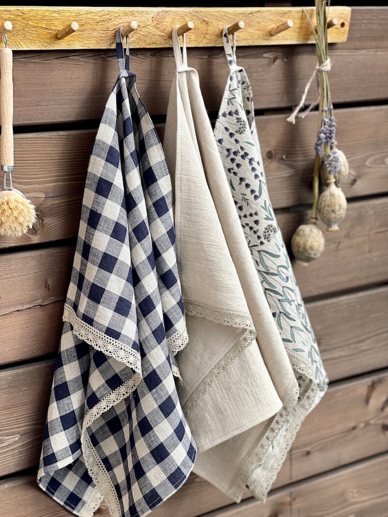 Natural linen tea towel, Linen kitchen lace towel, Gingham towels, Linen dishcloth, Soft rustic linen hand towel, Gift towel, Eco flax towel image 7