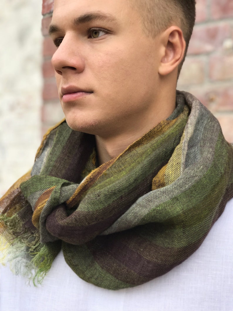 Men Scarf, Linen scarf for men, Green Brown lightweight scarf, Striped Pure Linen Scarf, Organic linen scarf with fringes, fall autumn scarf image 1