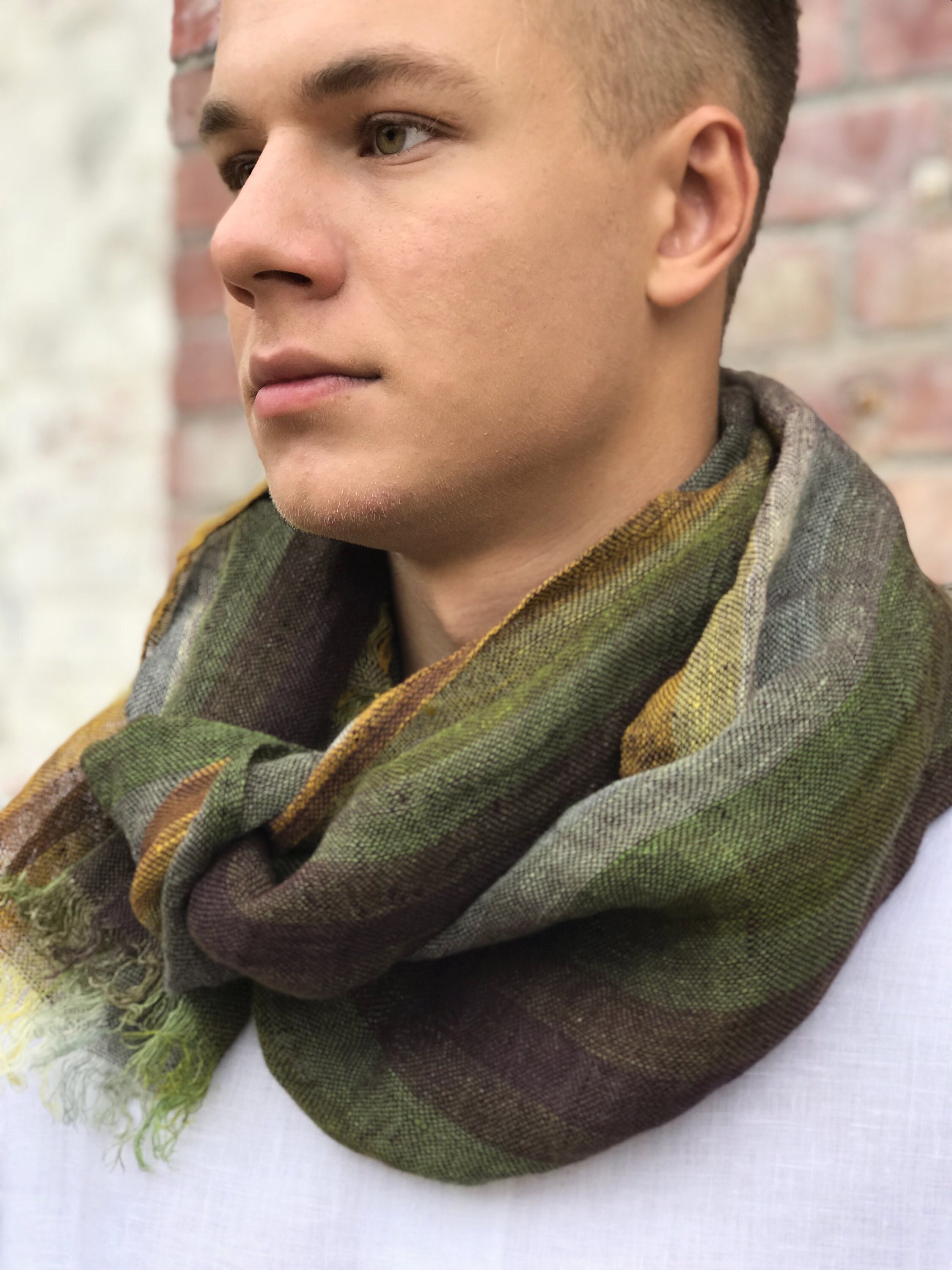 Warm large men's black and green wool and silk blend scarf