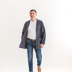 Men oversized linen jacket, men kimono jacket, loose style jacket long sleeves large pockets, spring jacket, lounge wear, linen clothing men