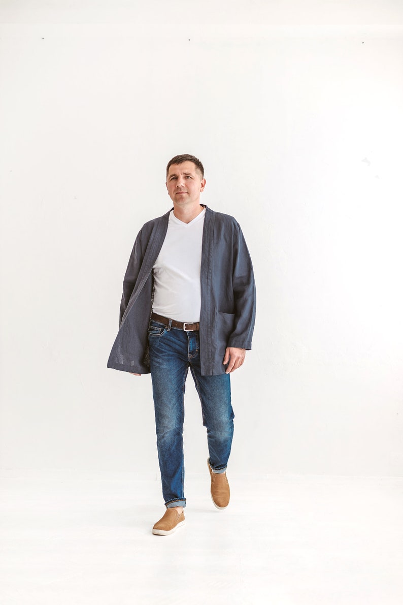 Men oversized linen jacket, men kimono jacket, loose style jacket long sleeves large pockets, spring jacket, lounge wear, linen clothing men image 1