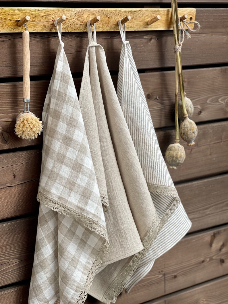 Natural linen tea towel, Linen kitchen lace towel, Gingham towels, Linen dishcloth, Soft rustic linen hand towel, Gift towel, Eco flax towel image 2