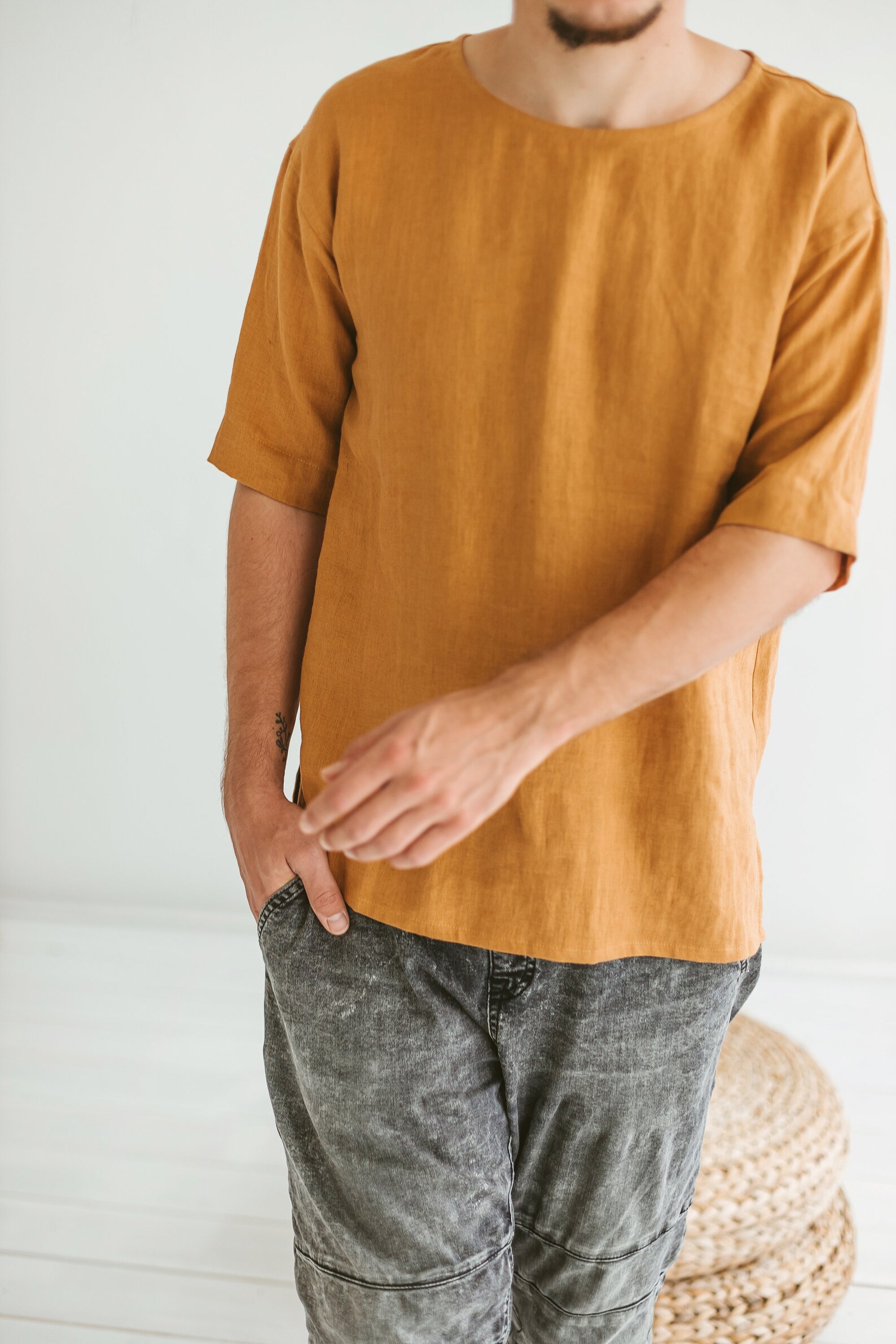 Men tunic shirt mustard linen asymmetric shirt men loose fit Etsy