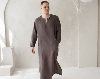 Men's Linen Kaftan Robe, Long Tunic Shirt, Softened Baltic Linen