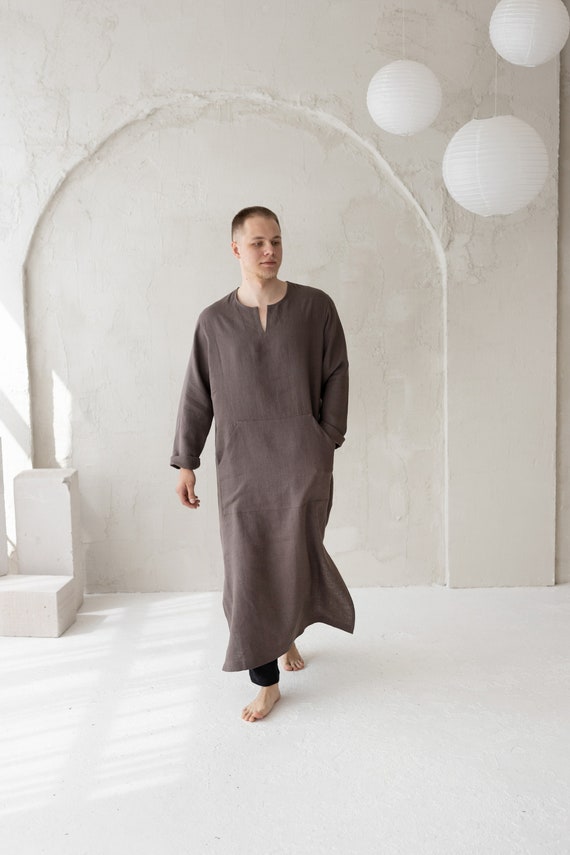 Men's Linen Kaftan Robe, Long Tunic Shirt, Softened Baltic Linen