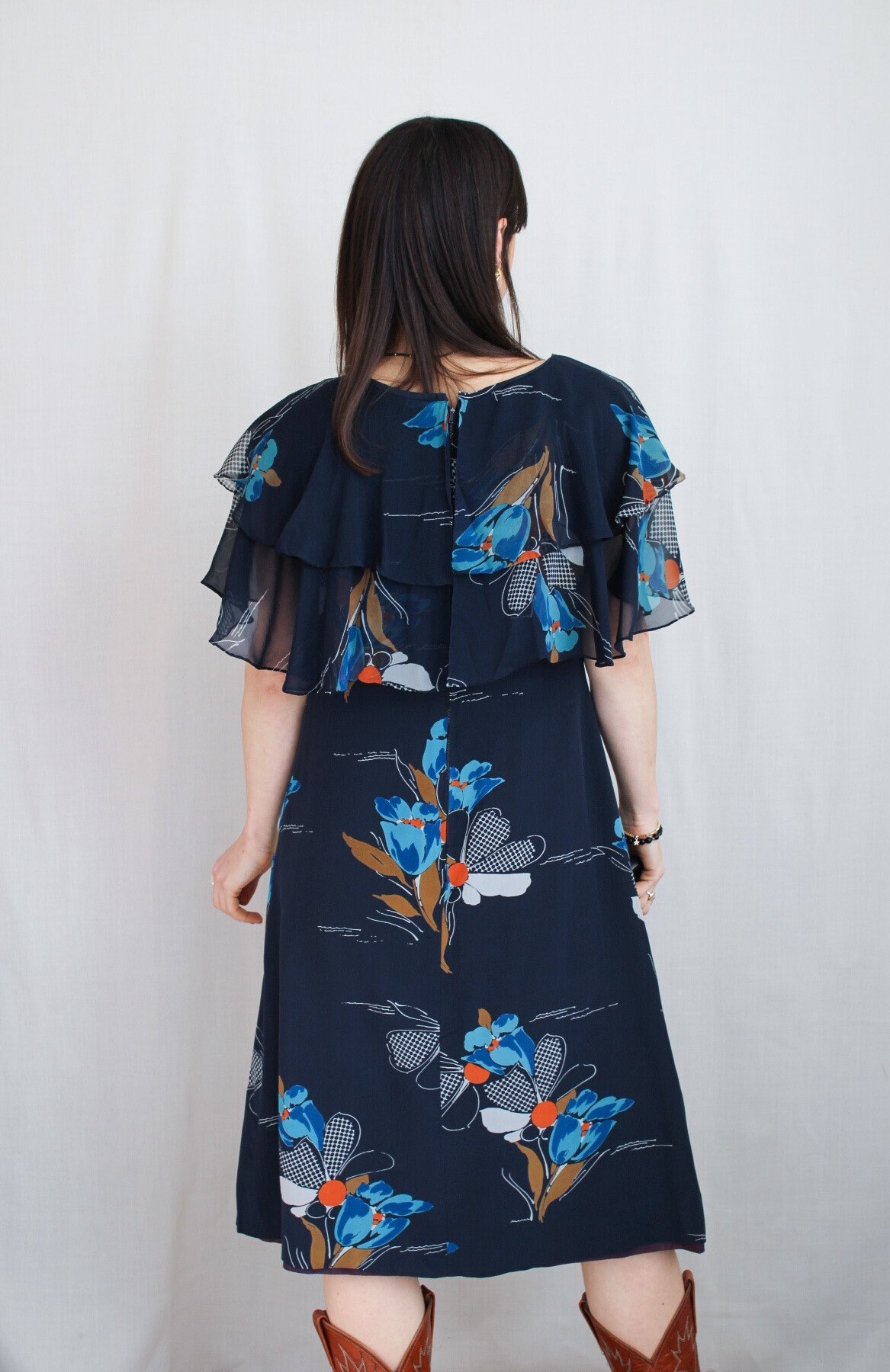 Small 1970s Butterfly Print Dress with Long Sleeves and Pockets