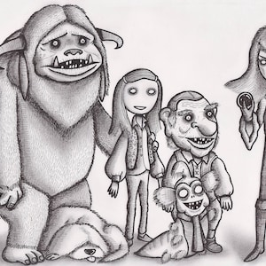 May include: Black and white illustration of a group of characters. A furry, monster-like creature with horns stands next to a girl with long hair. A man with a large nose and a girl with short hair stand next to a small, furry creature with large eyes.