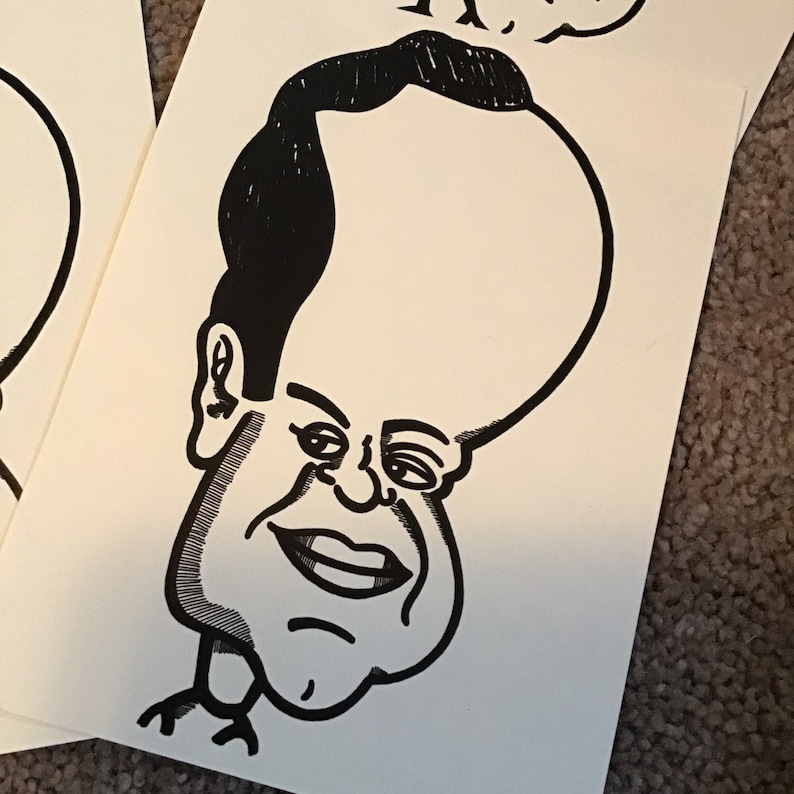 May include: Black and white caricature drawing of a person with a large head and a small body. The person has a large, round head with a small, pointed chin. The person's eyes are large and round, and the person's mouth is open in a smile.