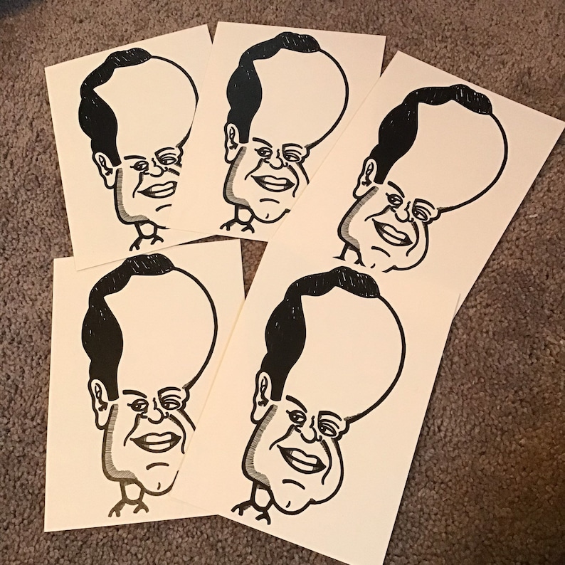 May include: Four black and white line drawings of cartoon faces with large heads and small bodies. The faces are all smiling and have exaggerated features.
