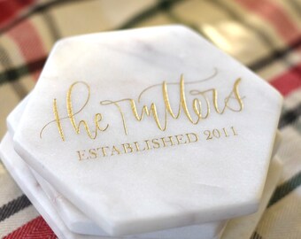 Personalized Coasters Marble Hexagon. Set of 4. Hand Lettered. White and Gold Calligraphy Coasters. Custom Calligraphy. Gift. White Marble.