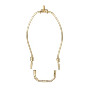 May include: A gold metal lamp harp with a threaded top and a U-shaped base. The harp is designed to hold a lampshade.
