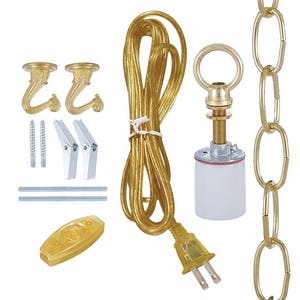 May include: A gold chain, two gold hooks, a white electrical socket, a gold cord, and a gold plug. The hooks have screws and clips for mounting. This is a chandelier kit.