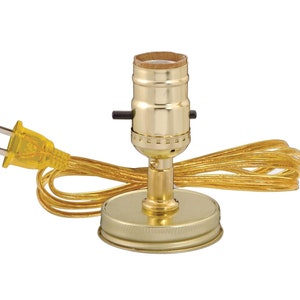 Brass Plated Mason "Fruit Jar" adapter made with U.L. listed push-thru socket and 6 ft. cord set. Collar diameter 2 3/4".