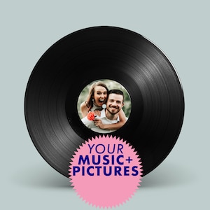 Disque vinyle personnalisé avec votre propre mix de musique et des images pour la Saint-Valentin, un mariage, un anniversaire.