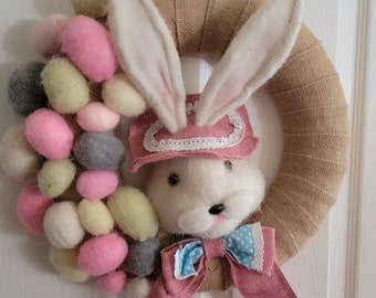 Happy Easter Wreath for Front Door Spring Decor Cute Fuzzy Bunny Door Decor Pink Burlap Hat and Bow Pastel Eggs Gifts for Mom Entryway Decor