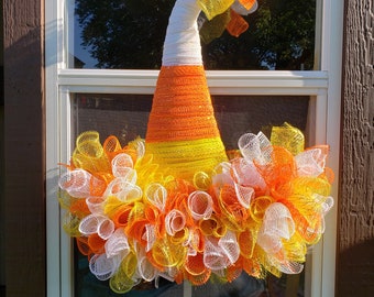 Candy Corn Wreath for Front Door Fall Door Hanger Thanksgiving Decor Yellow Orange Cutecore Witch Hat Grandma Core Fall Porch Decor Trending