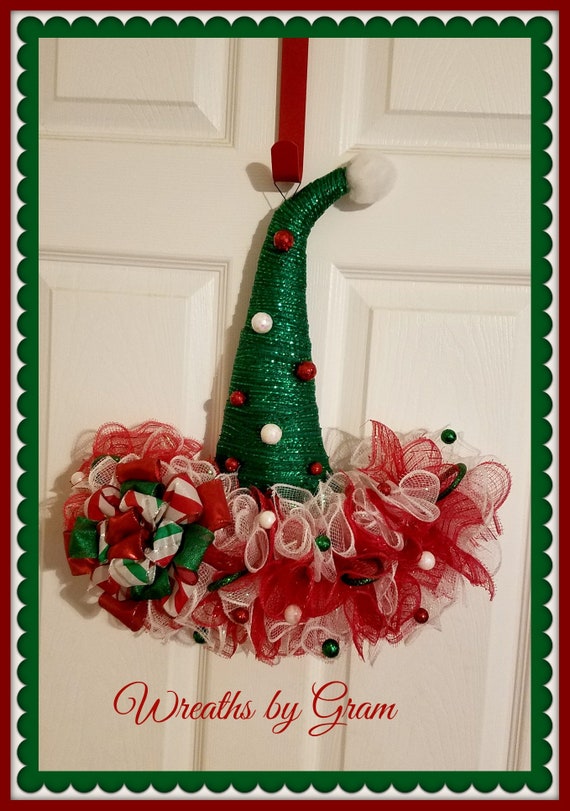 Elf Hat Wreath Christmas Front Door Holiday Door Decor Xmas Etsy