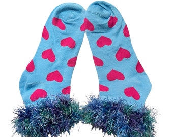 Heart Socks - ankle socks - socks - light blue - women’s socks - teen socks - fur cuff socks - cuff socks - embellished socks - Valentines