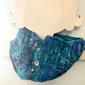 Teal Blue Crochet Cowl Scarf: Cotton Merino Wool Button Neck Warmer