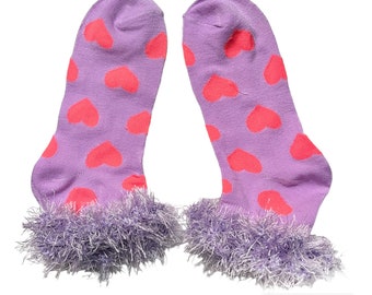 Valentines socks - ankle socks - heart socks - green -women’s socks - teen socks - colorful socks - fur cuff socks - embellished socks