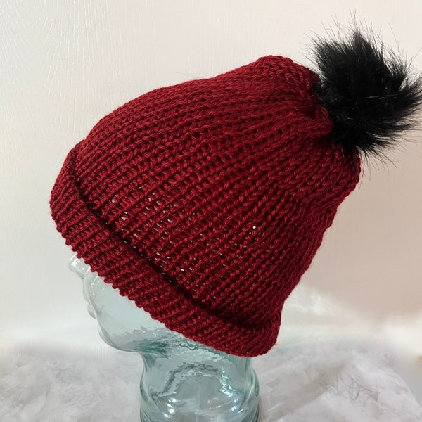 Burgundy Knitted beanie - winter hats -  snow hat - beanie - beanies - pom pom beanie - adult beanies - pom pom hat - cuff beanie - ski hat