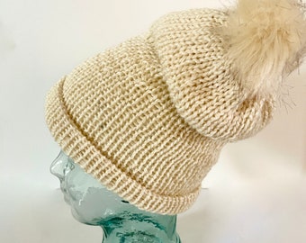 Bonnet tricoté Off White - bonnet slouchy - chapeaux d’hiver - chapeau de neige - bonnets - chapeau slouchy - chapeau en laine - bonnet épais - bonnet en tricot trapu