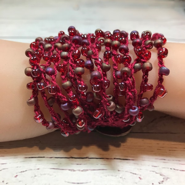 Beaded bracelet - boho style - multi strand bracelet - burgundy  - gypsy style - crochet bracelet - ethnic style - bracelets - cuff -