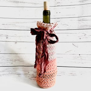 Crochet Wine Gift Bag: Handmade Sari Silk Ribbon Wine Tote