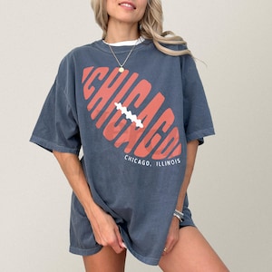 Comfort Colors Chicago Football Graphic Tee, Unisex Orange and Navy Game Day Apparel, Cute Retro Minimal Chicago Football T-Shirt