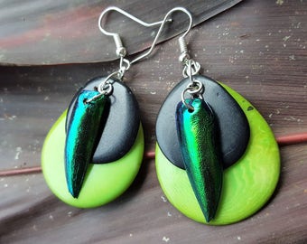 Real Jewel Beetle Wing - Dangle Drop Earrings - featuring - Colorful, All Natural, Green and Black Vegetable Ivory Tagua Pieces