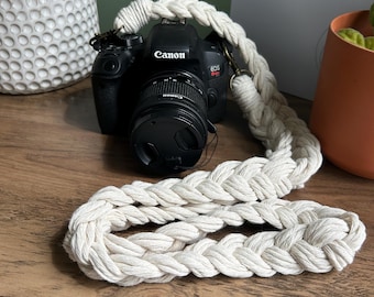 Handgemaakte macramé gevlochten camerariem: aangepaste lengte en kleur