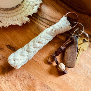 Mini Macrame Wristlet Keychain: Braided Recycled Cotton, Copper Accent