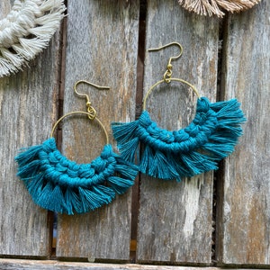 Macrame Hoop Earrings: Brass Hoops, Recycled Cotton String