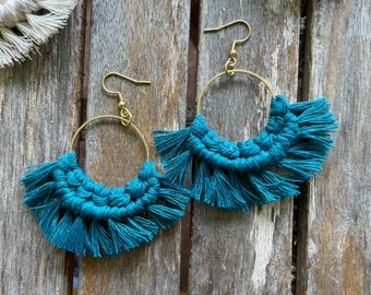 Macrame Hoop Earrings: Brass Hoops, Recycled Cotton String