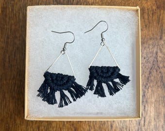 Macrame Triangle Earrings: Stainless Steel, Recycled Cotton