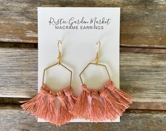 Macrame Hexagon Dangle Earrings: Gold Stainless Steel Jewelry