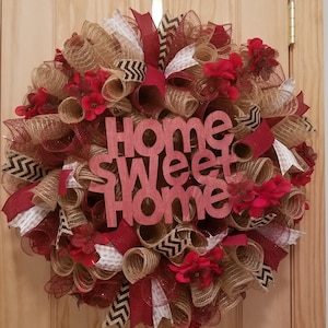 Burgundy Home Sweet Home Welcome Floral Wreath image 1