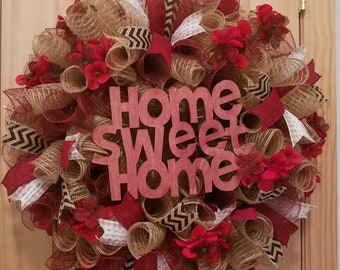 Burgundy Home Sweet Home Welcome Floral Wreath