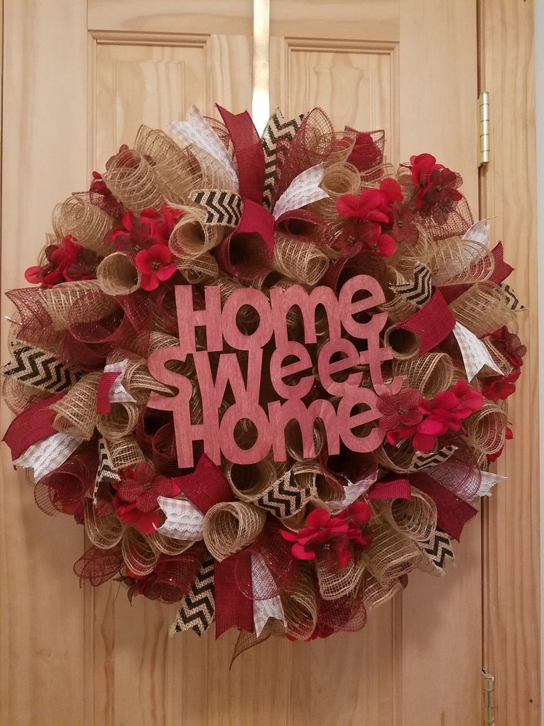 Burgundy Home Sweet Home Welcome Floral Wreath image 1