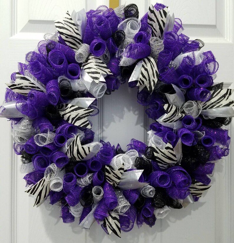 Zebra Striped Deco Mesh Wreath, Door Wreath, Wall Wreath Blue