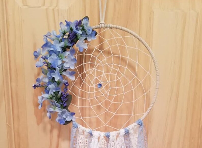 Blue Bohemian Style Dream Catcher with Blue Floral with Ribbon image 2