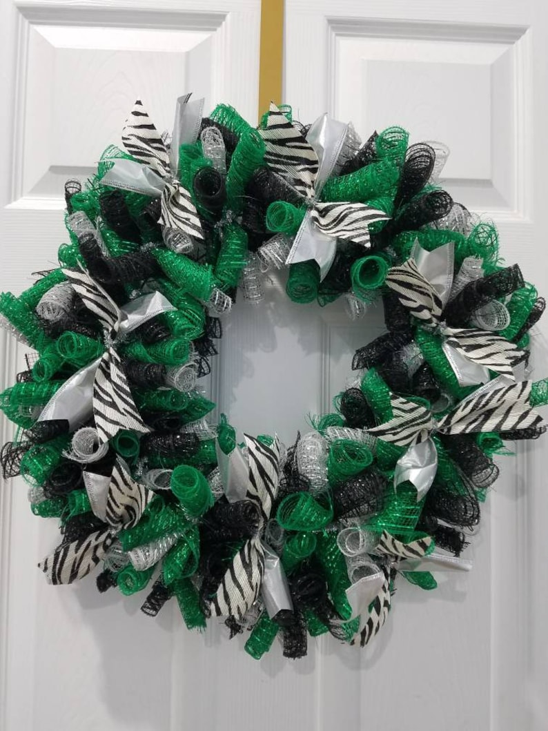 Zebra Striped Deco Mesh Wreath, Door Wreath, Wall Wreath Green