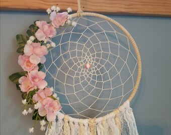 Bohemian Style Dream Catcher Pink Floral with Ribbons