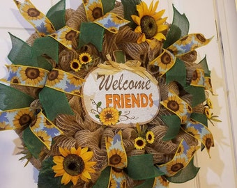 Welcome Friends Sunflower Wreath  Fall Wreath