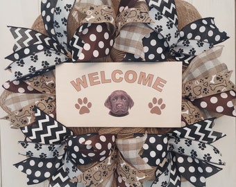 Dog Themed Burlap Mesh Welcome Wreath with Paw Ribbon