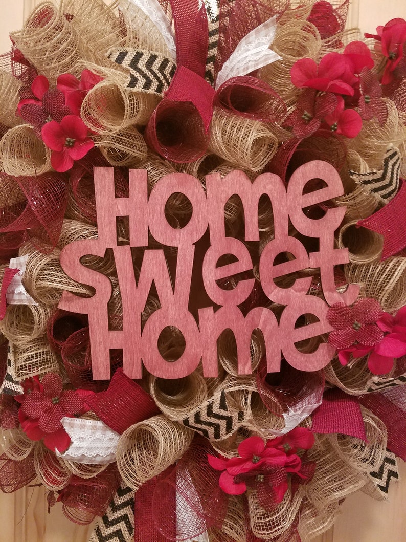 Burgundy Home Sweet Home Welcome Floral Wreath image 2
