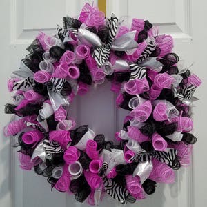 Zebra Striped Deco Mesh Wreath, Door Wreath, Wall Wreath Pink/Black