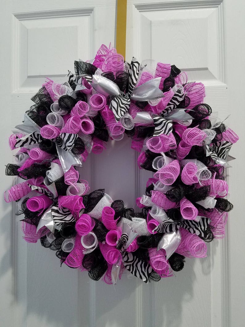 Zebra Striped Deco Mesh Wreath, Door Wreath, Wall Wreath Pink/Black