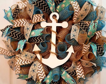 Burlap Anchor Wreath Starfish Ribbon Nautical Beach